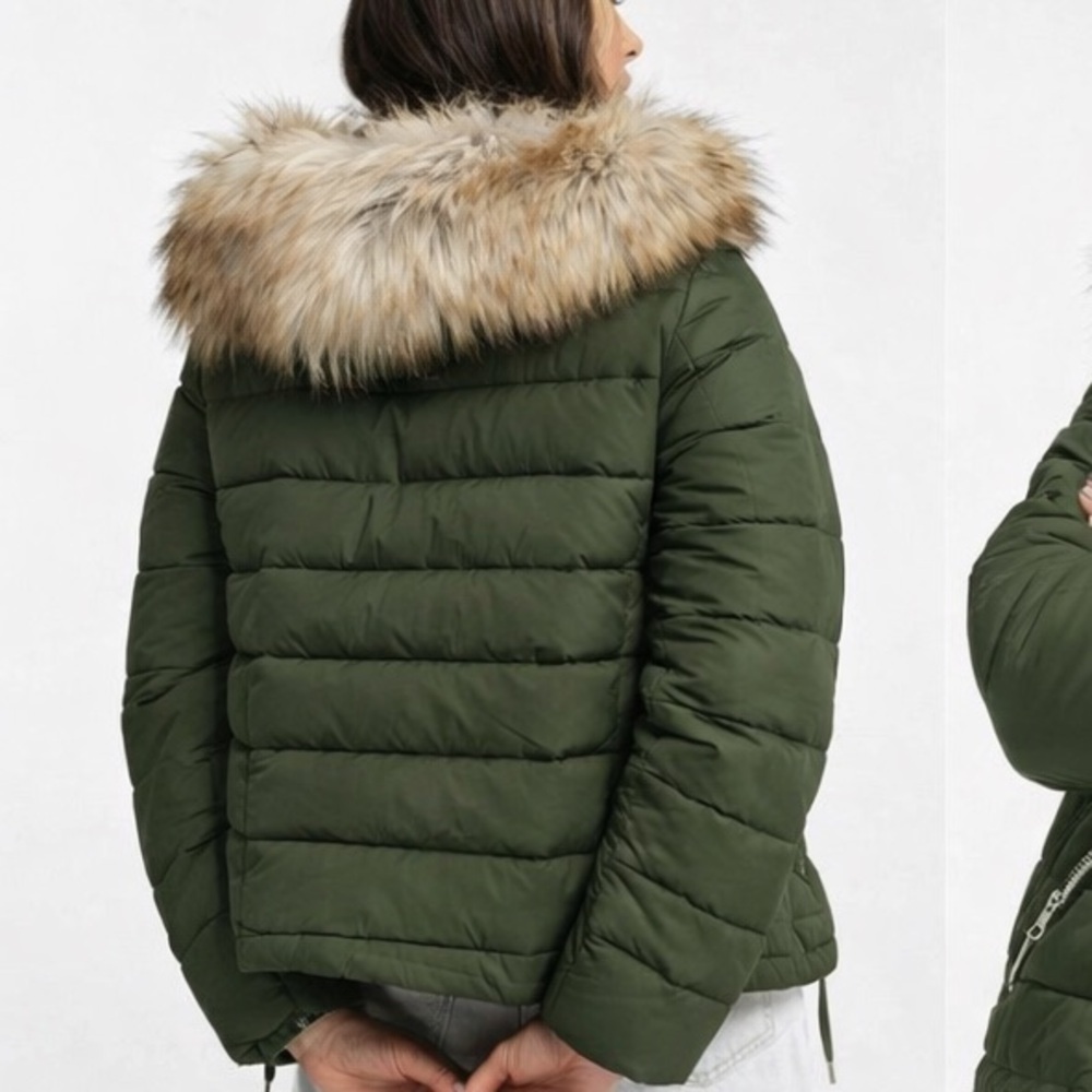 Topshop Fur Lined Puffer Coat Hood Winter Ski Jacket Womens Size Small Green - Picture 2 of 13